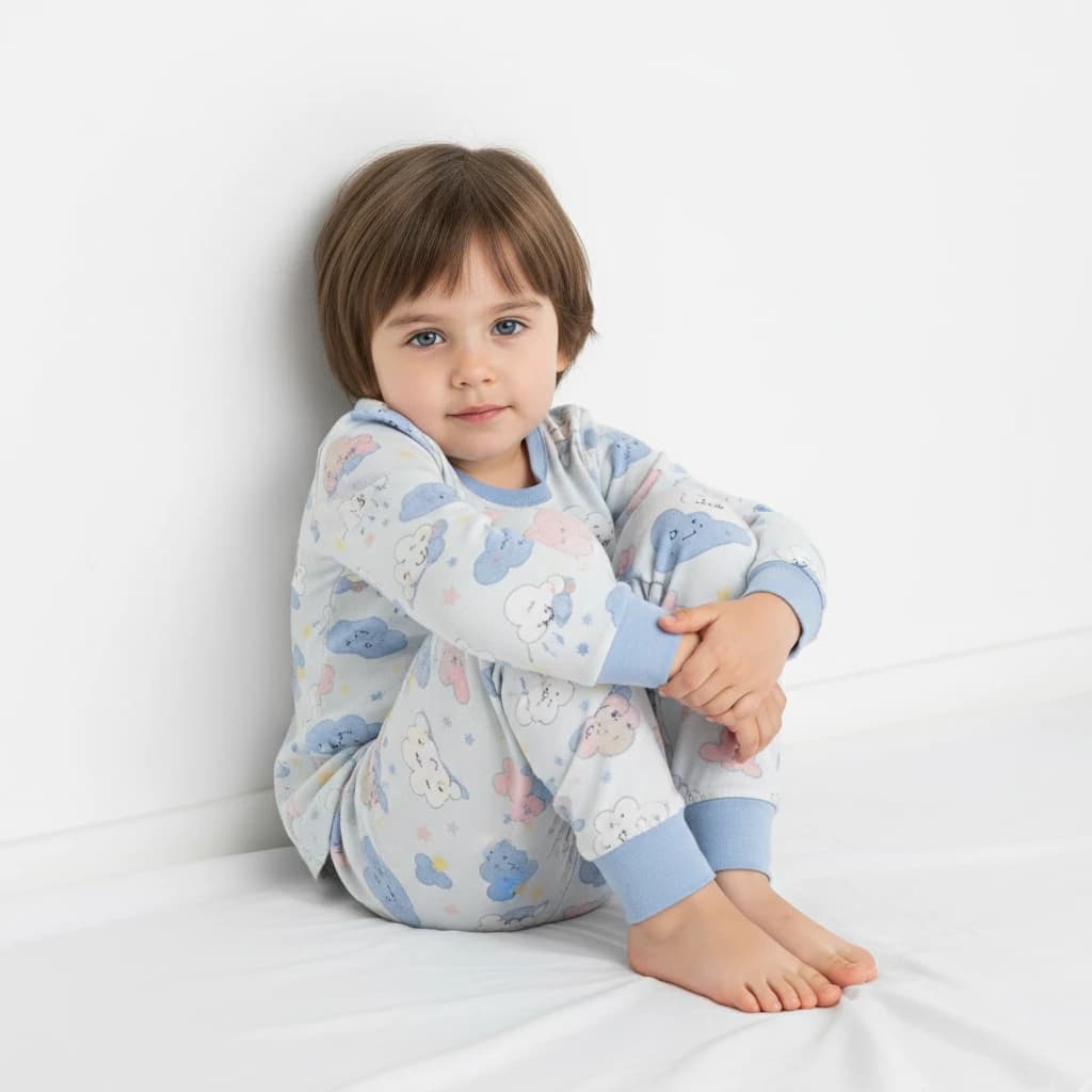Kid Sitting on bed wrapping hands around leg