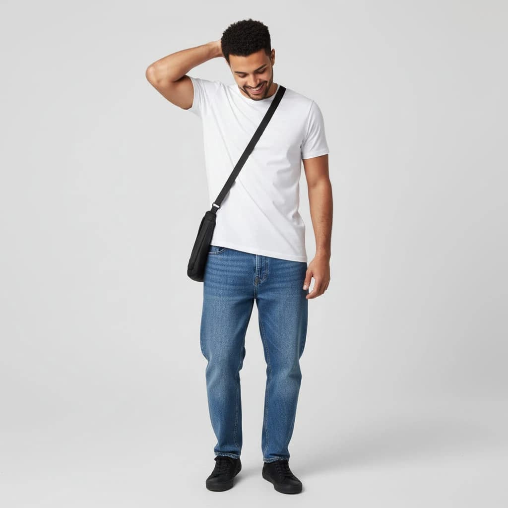 Front shot - Full - Scratching head wearing a Sling bag