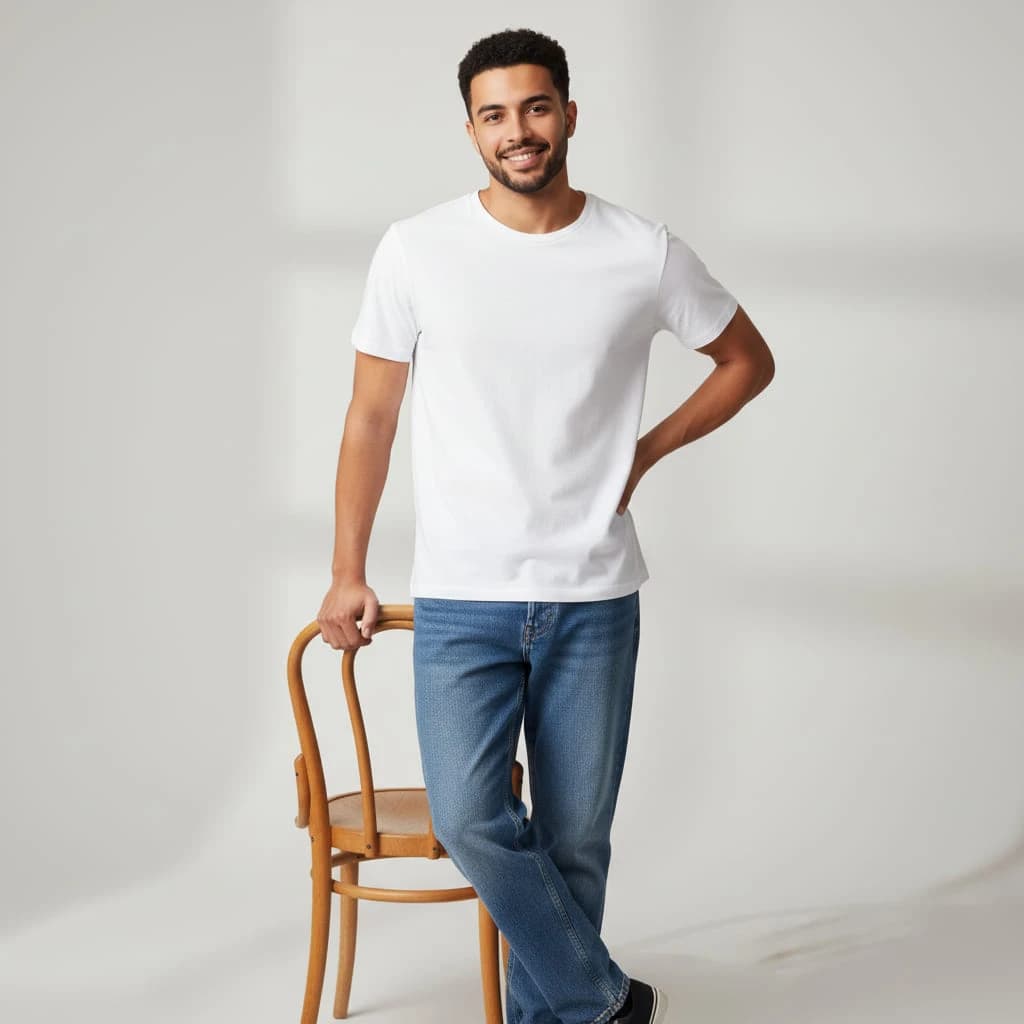 Front closeup shot - Upper body - Standing with one hand supported in Chair