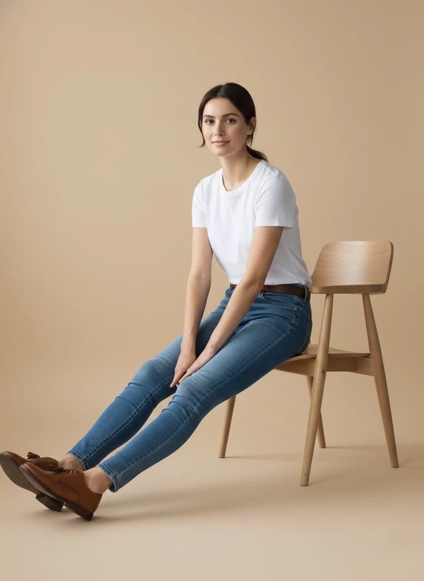 Front shot - Full - Seated on chair leg stretching over