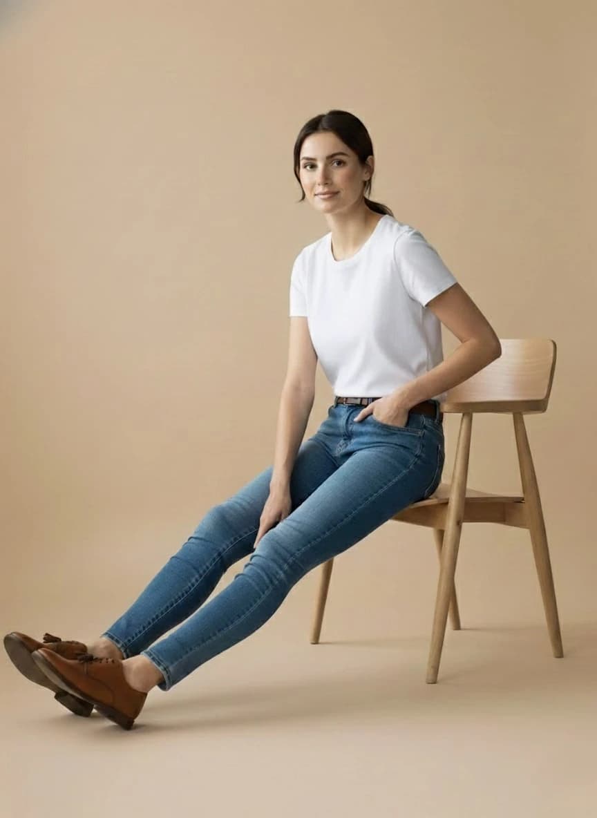 Front shot - Full - Seated on chair legs stretching with one hand in pocket
