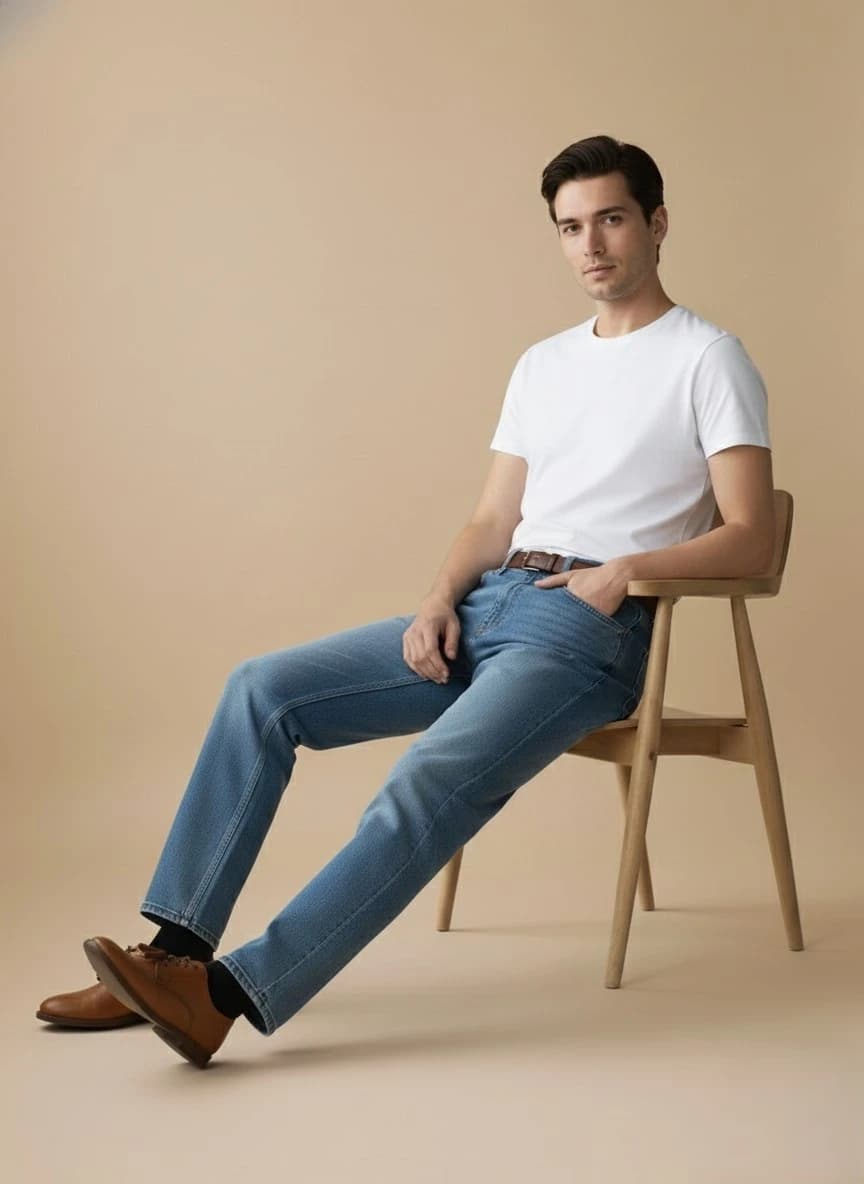 Side closeup shot - Full - Seated on chair legs stretching 