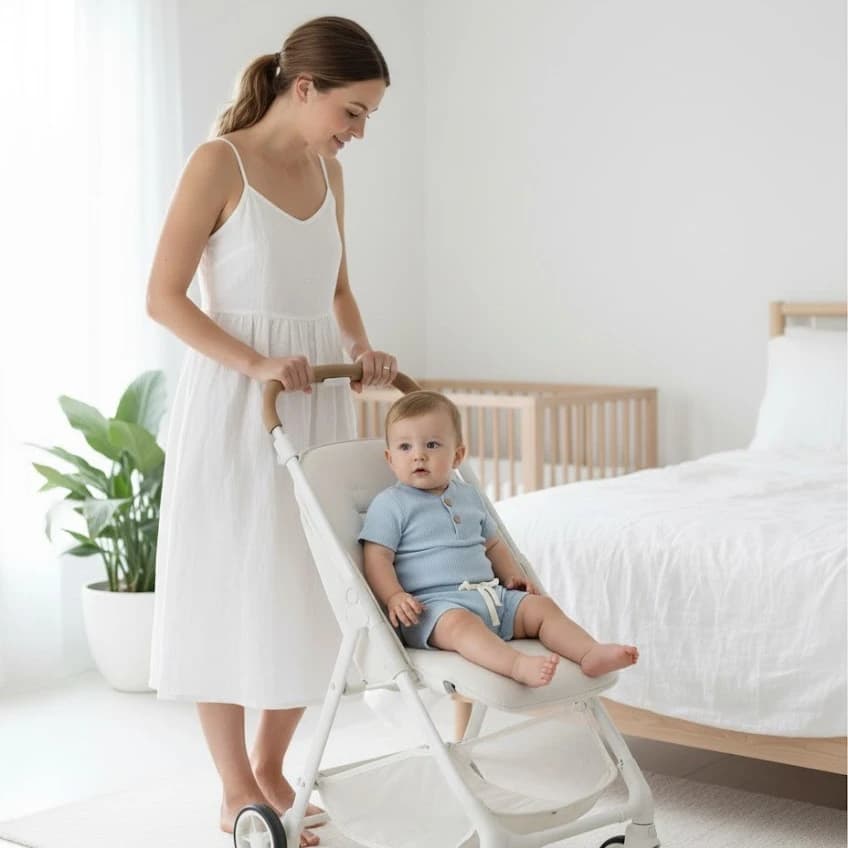 Side shot - Full - Mom walking with stroller