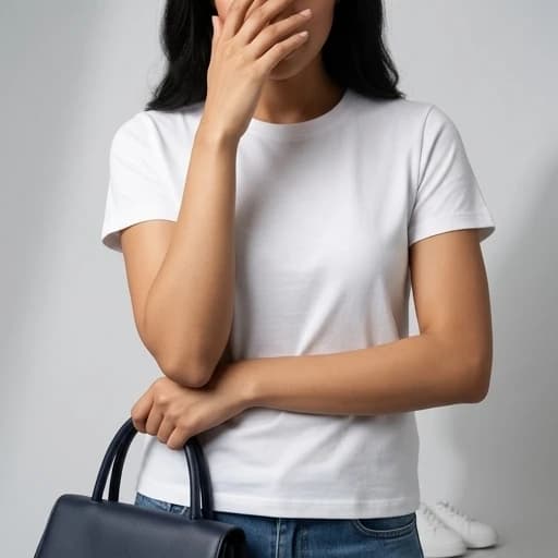 Front closeup shot - Upper body - Purse style shot with shy look