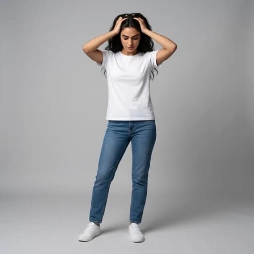 Front shot - Full - Lifting her hair with both hands