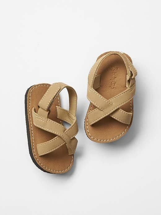 Tan baby sandals with crossed straps
