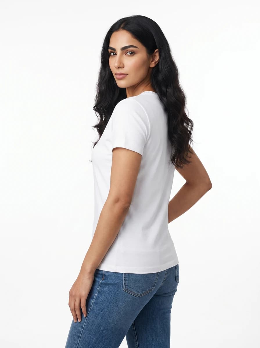Elegant over-the-shoulder standing back pose