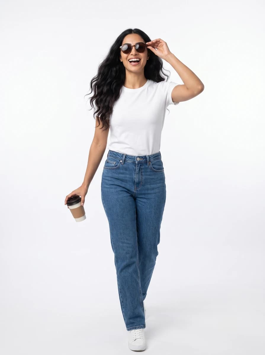 Front shot - Full - Holding coffee cup and sunglass with a laughing face