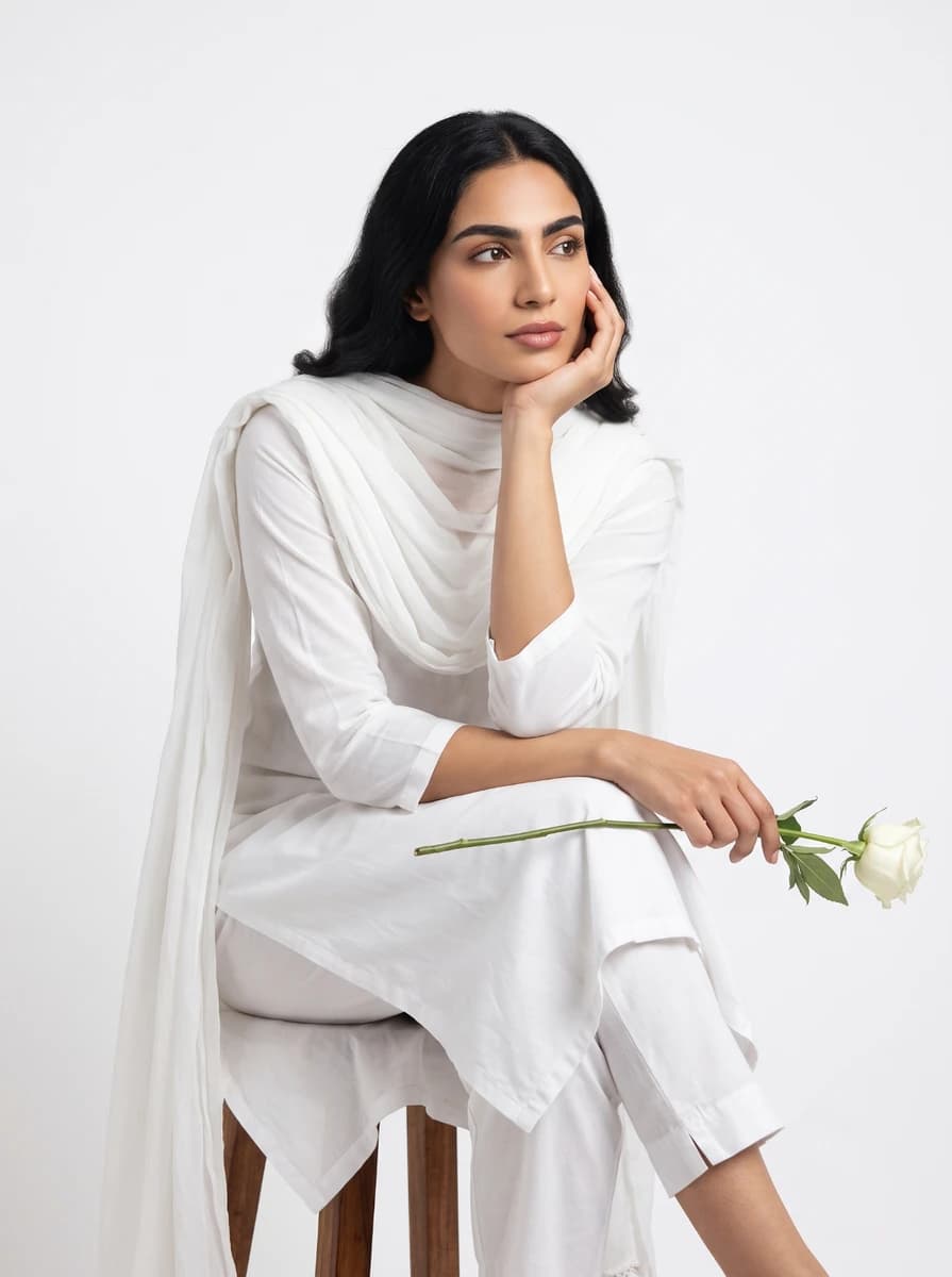 Front shot - Full - Casually looking away by holding a flower