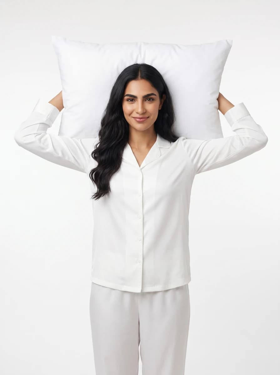 Front shot - 3/4th body - Lifting pillow over the shoulder