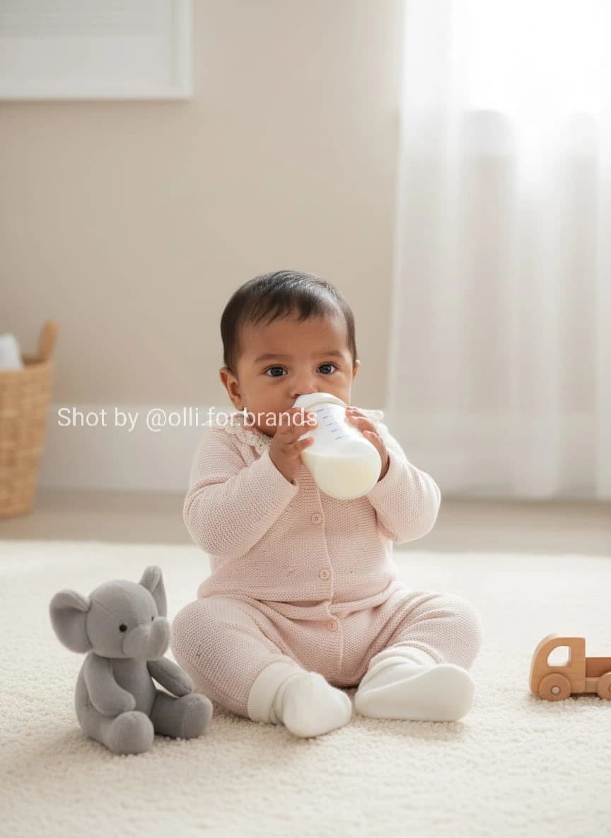 A baby in a blush pink knit set sits on a rug drinking from a bottle, with a toy elephant nearby.