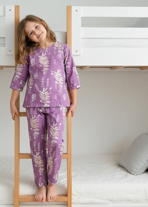 Young girl standing on a wooden bunk bed ladder wearing a purple printed lounge set with white botanical motifs.