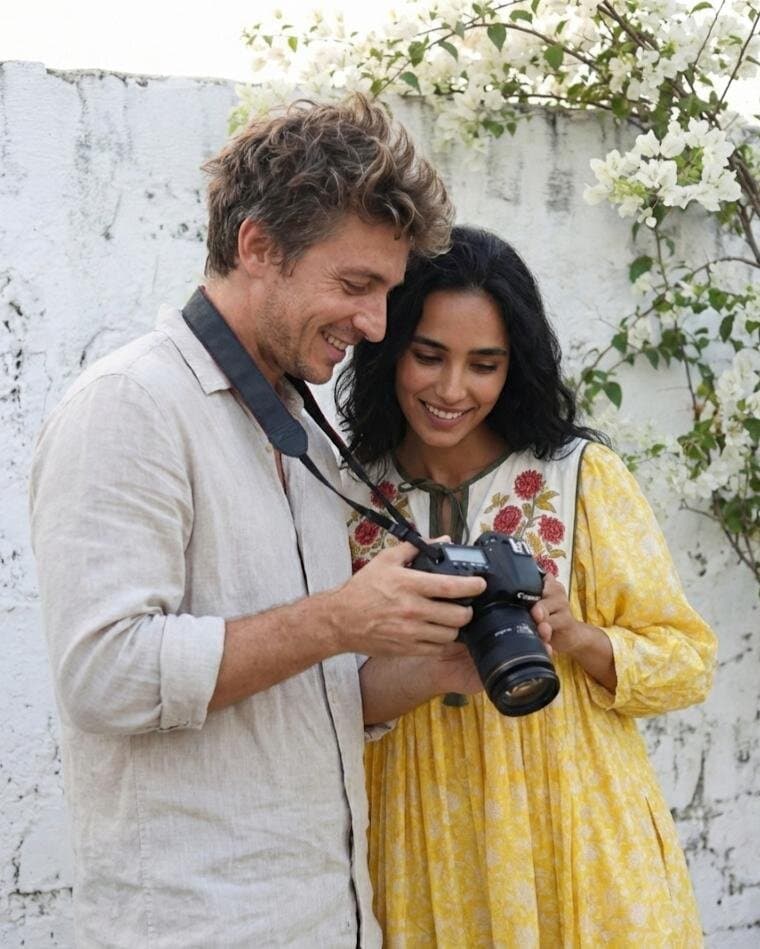 Smiling couple looking at a camera screen by a whitewashed wall with white bougainvillea, she in a yellow floral-embroidered dress, he in a linen shirt, an Olli lifestyle shot