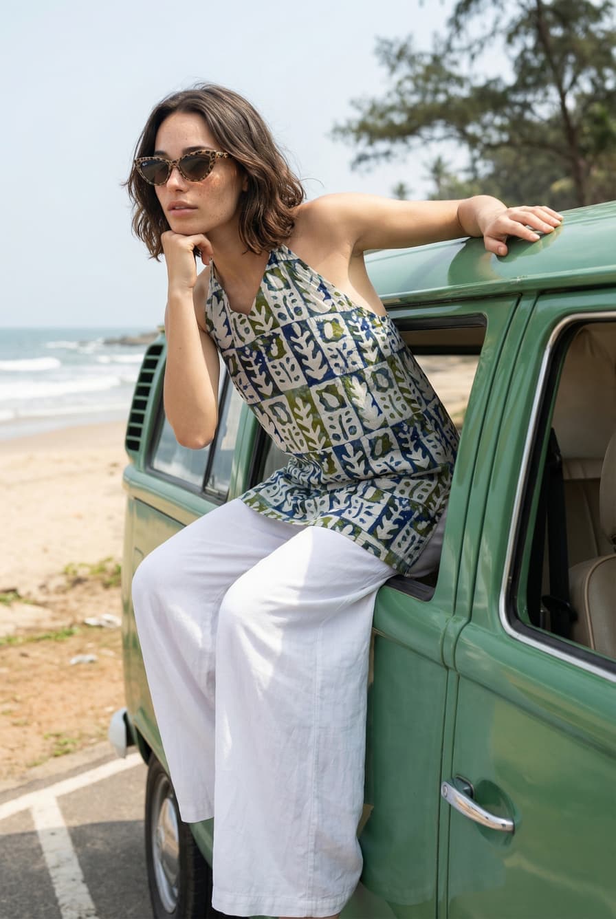 Woman in tortoiseshell cat-eye sunglasses, a green and blue leaf block-print halter top and white wide-leg linen trousers, perched in the window of a green vintage van on a beach, an Olli catalog shot