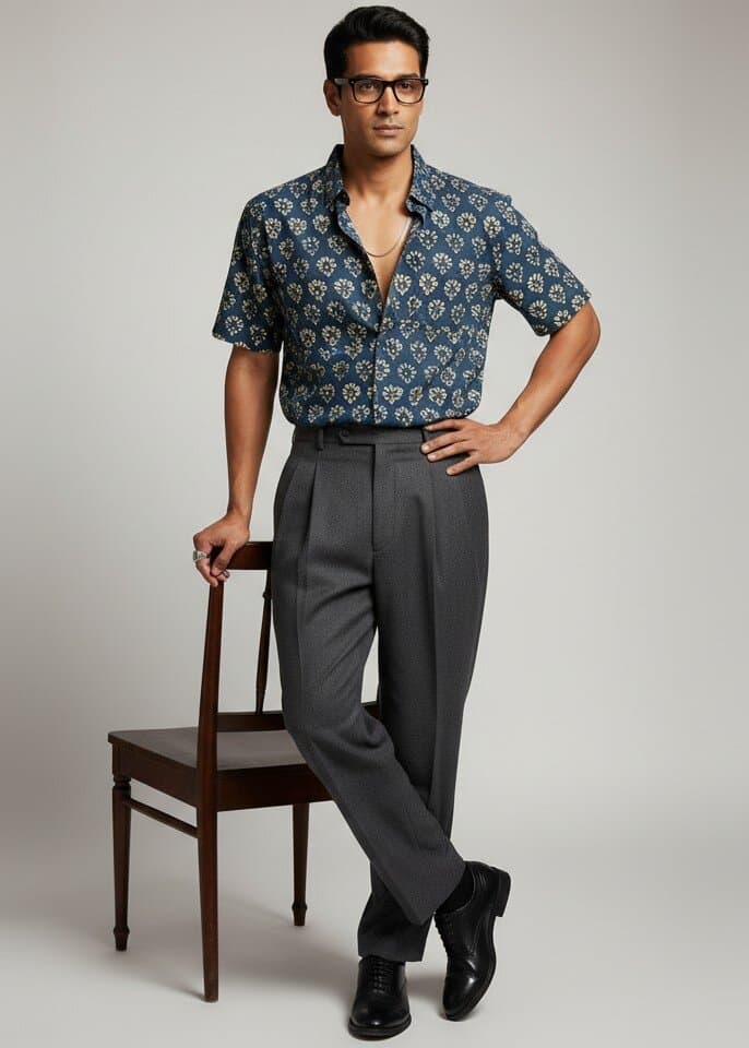 Man in glasses in a blue floral block-print short-sleeve shirt and grey pleated trousers leaning on a wooden chair, an Olli catalog shot