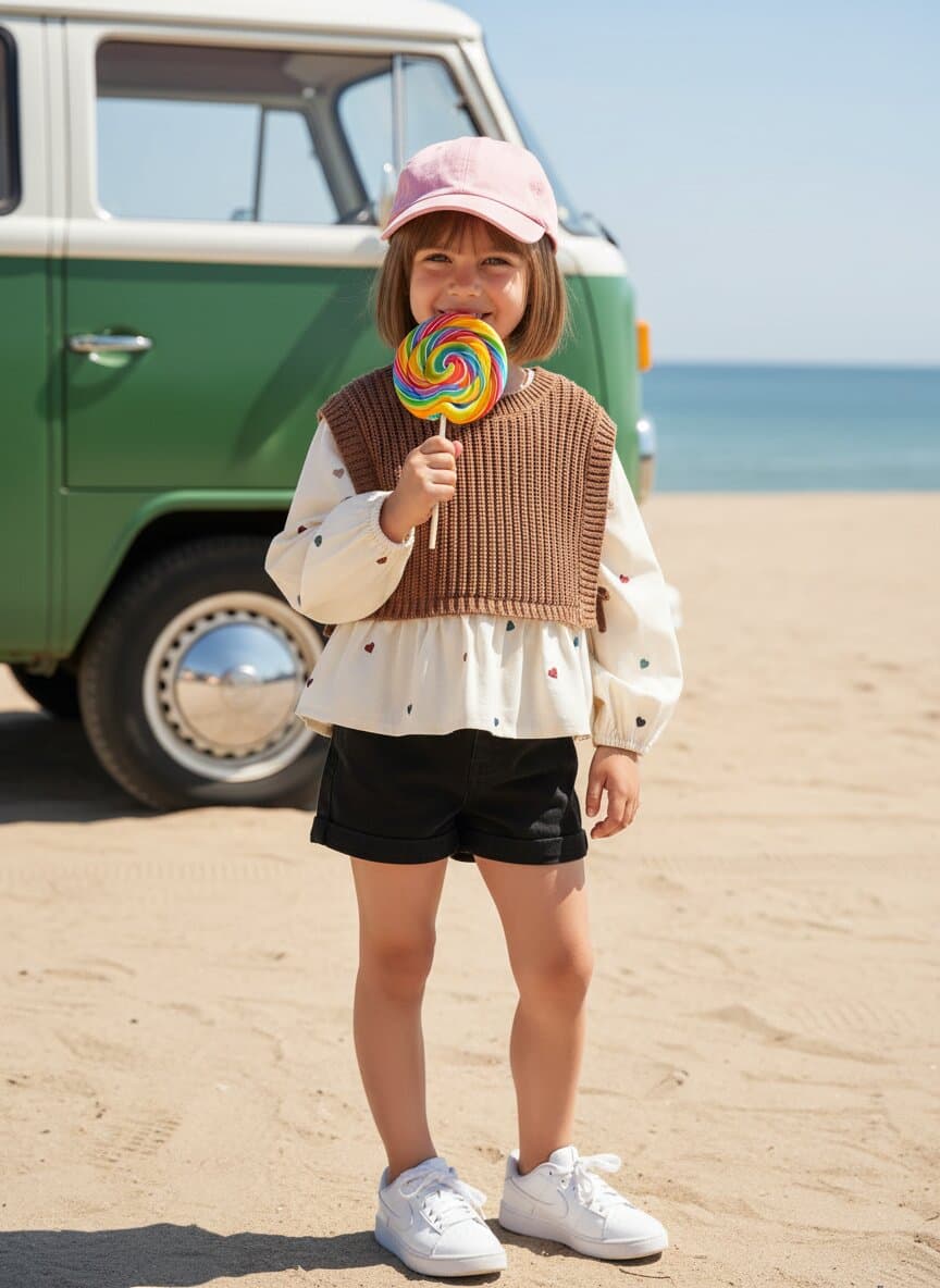 Smiling girl in a pink cap, a brown knit sweater vest over a heart-print cream blouse, black shorts and white sneakers, holding a rainbow lollipop on a beach beside a green vintage van, an Olli kidswear shot
