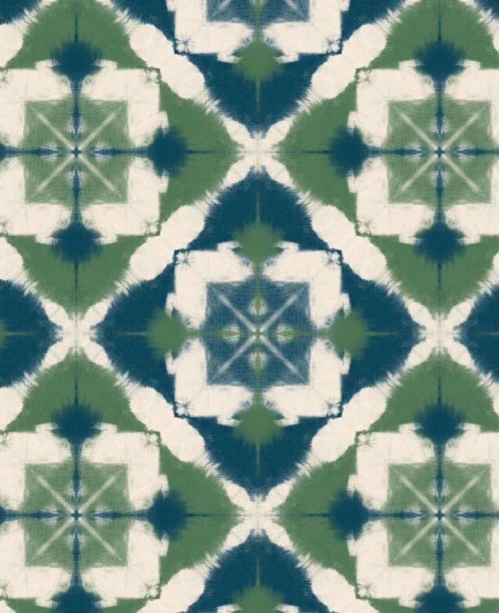 Green, navy and ivory tie-dye tile print fabric