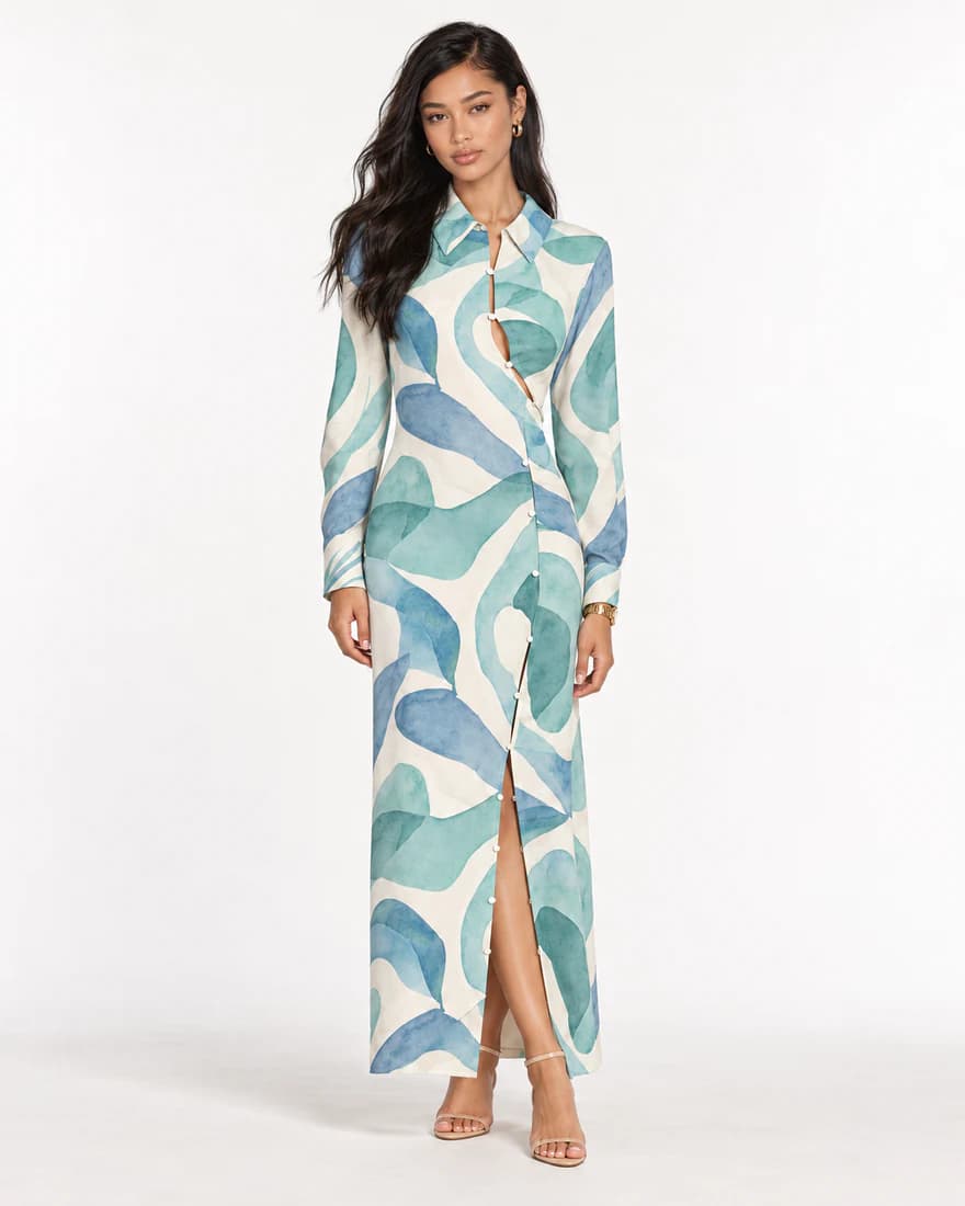 Model in a teal swirl print long-sleeve shirt dress