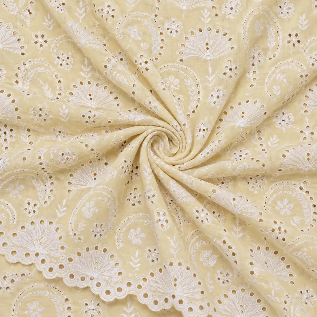 Pale yellow cotton with white schiffli embroidery and a scalloped eyelet border