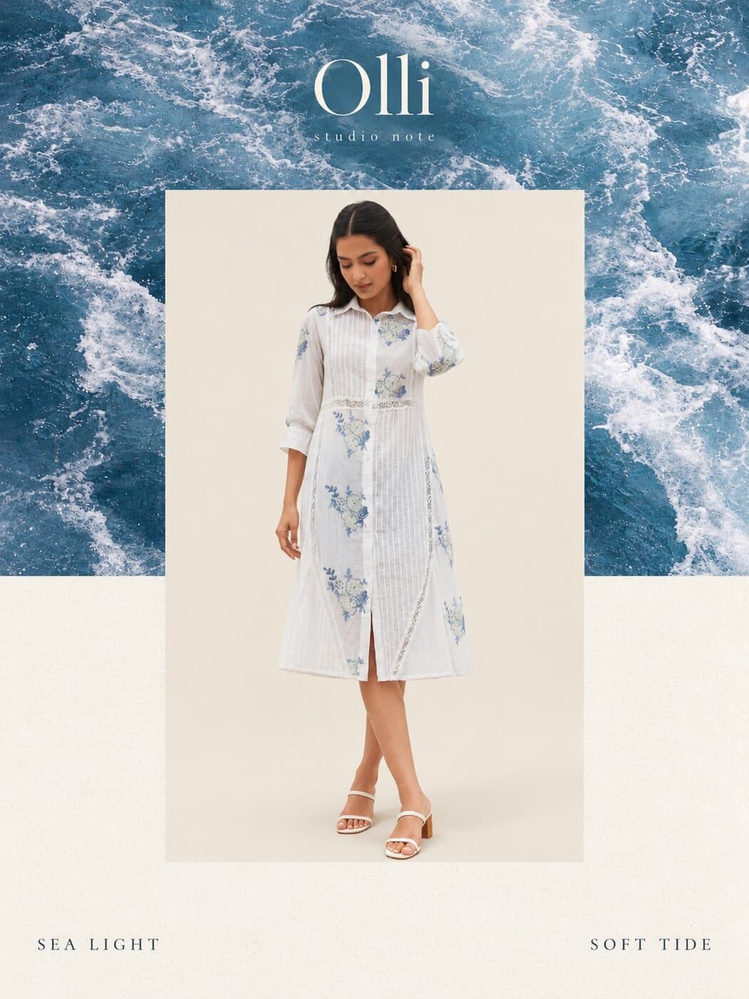 Model in a white printed shirt dress over an ocean texture, captioned Sea Light, Soft Tide