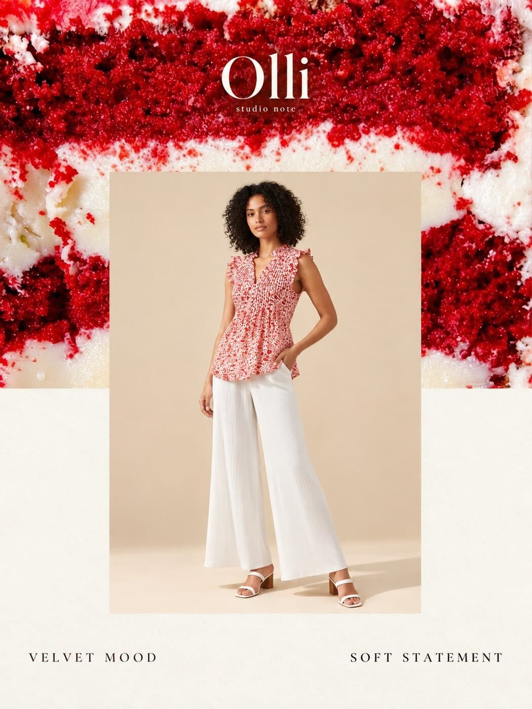Model in a red ruffle top and white trousers on red velvet, captioned Velvet Mood, Soft Statement