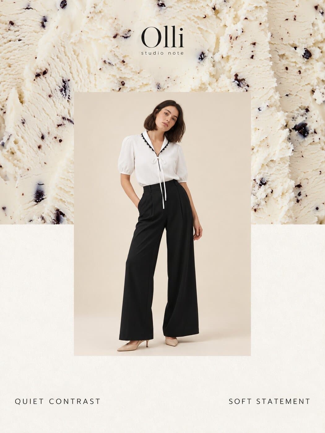 Model in a white tie-front blouse and black trousers over a stracciatella texture, captioned Quiet Contrast, Soft Statement