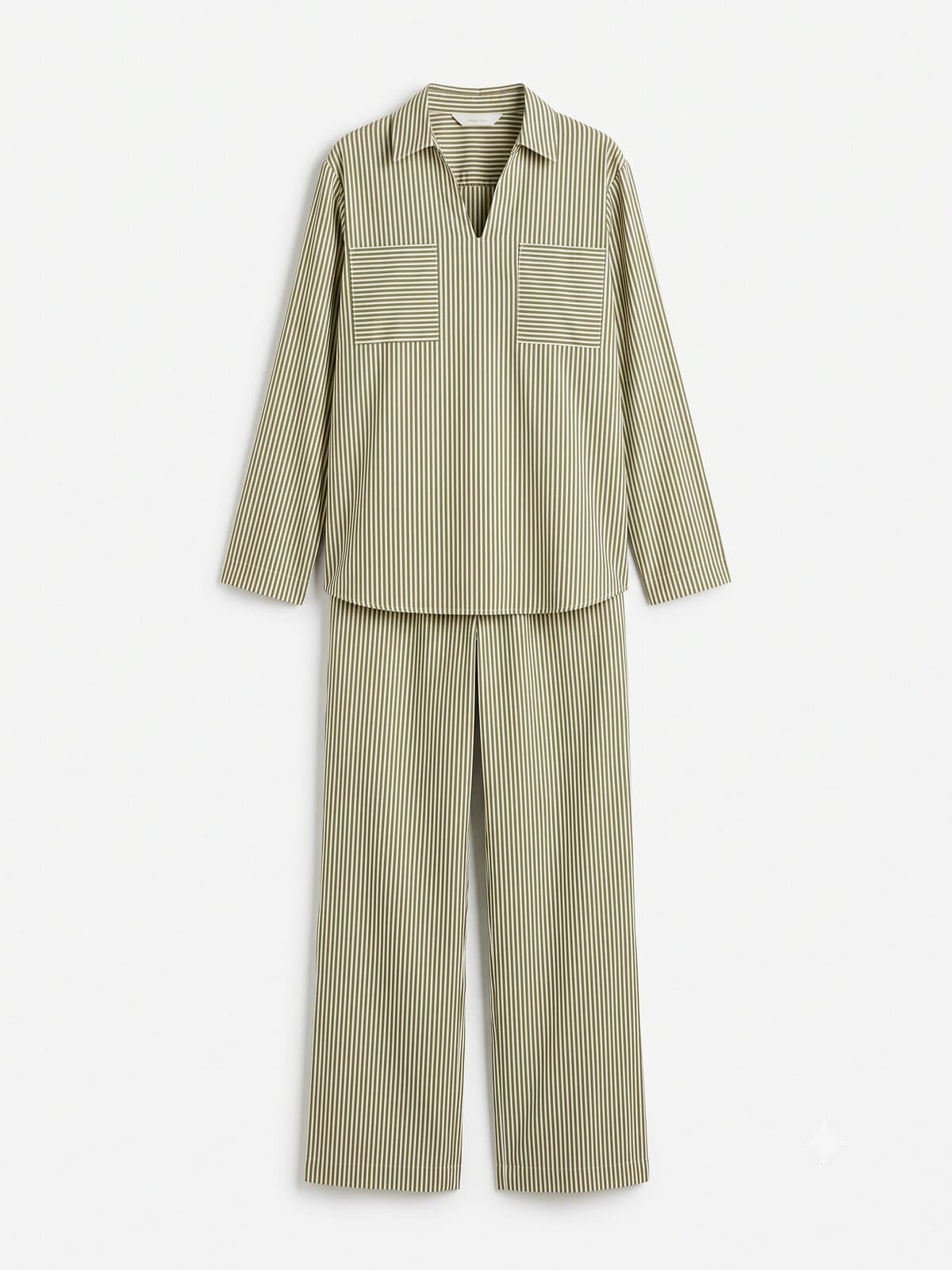 Flat lay of an olive and cream pinstripe co-ord set, a collared popover shirt with two chest pockets and wide-leg trousers, on a white background