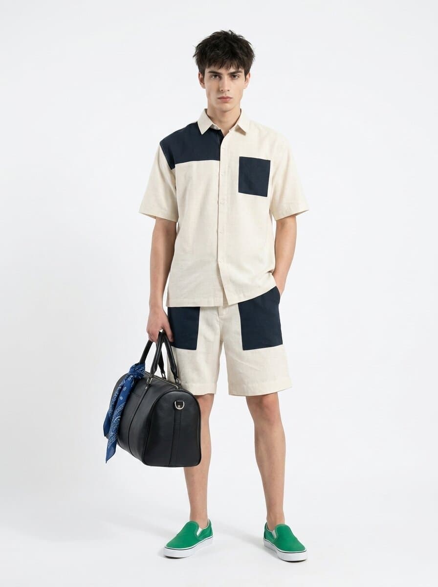 Olli on-model shot of the same co-ord set, a cream short-sleeve shirt with a navy yoke and chest pocket and shorts with navy pockets, worn by a model holding a black duffle bag against a white backdrop