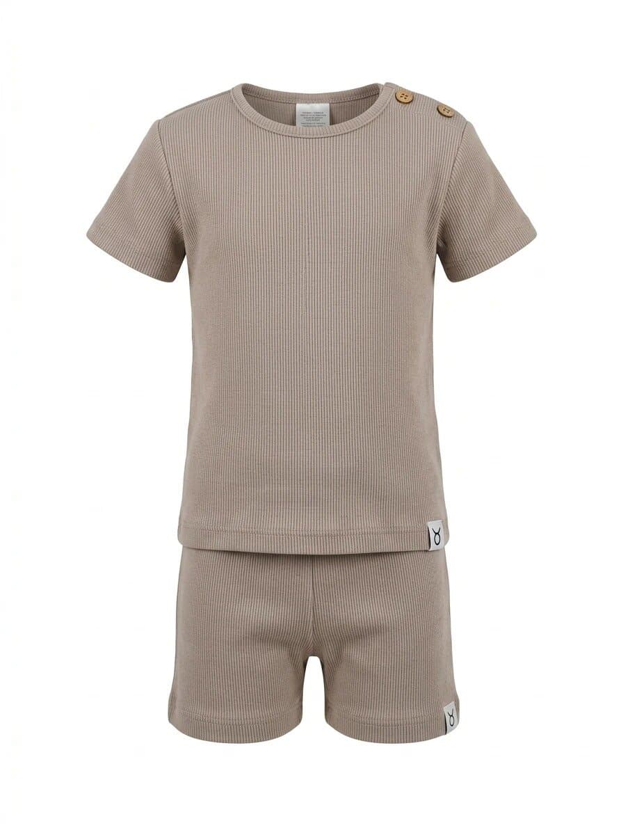 Ghost mannequin shot of a toddler's taupe ribbed tee with two wooden shoulder buttons and matching shorts, on a white background