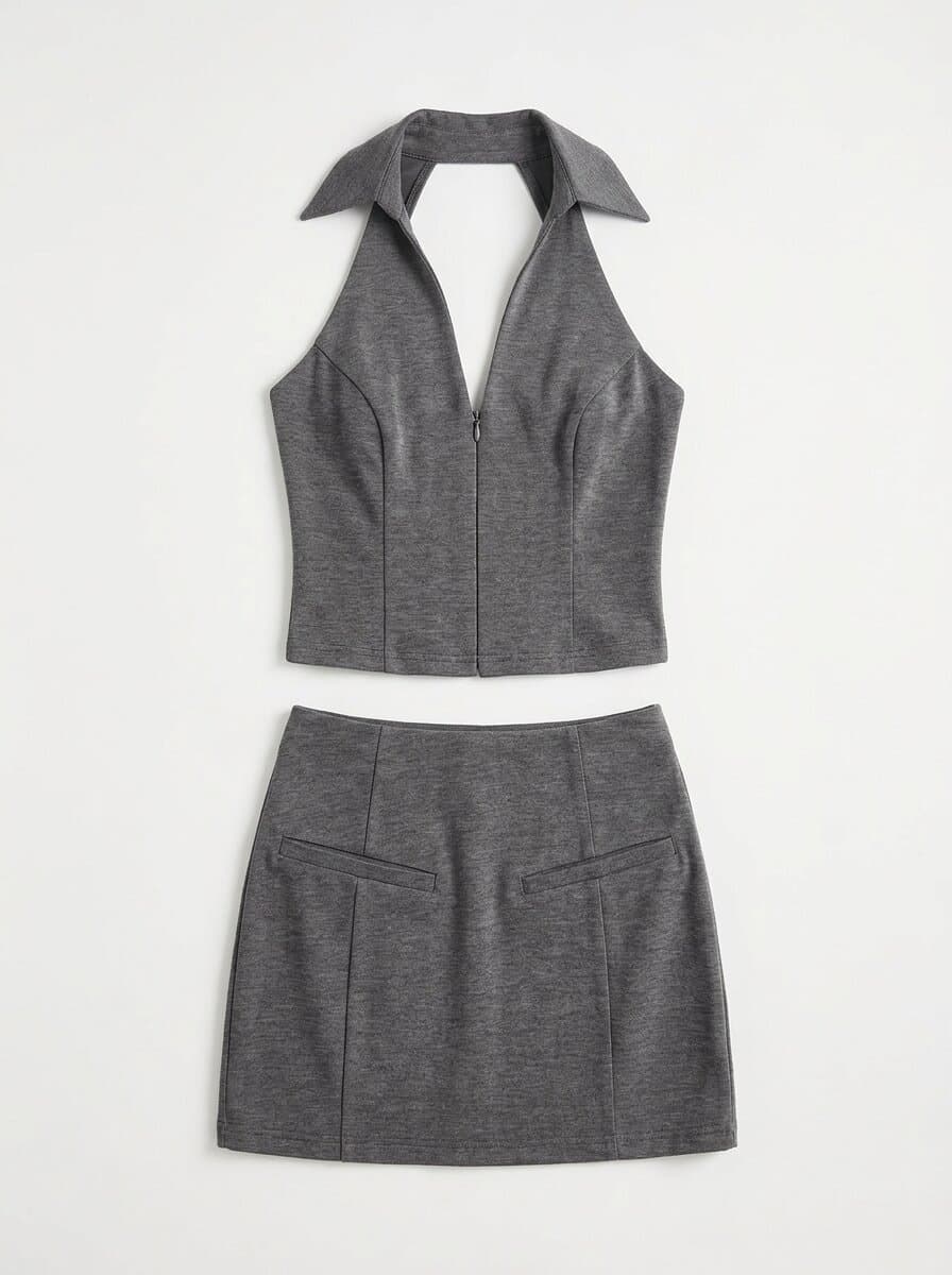 Flat lay of a women's grey marl set, a halter-neck top with a pointed collar and a plunging zip front above a mini skirt with welt pockets, on a white background