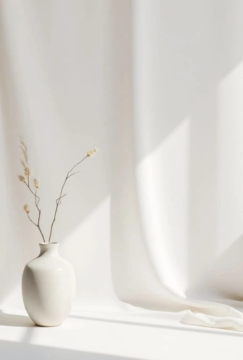 Draped flowing cream fabric with ceramic vase
