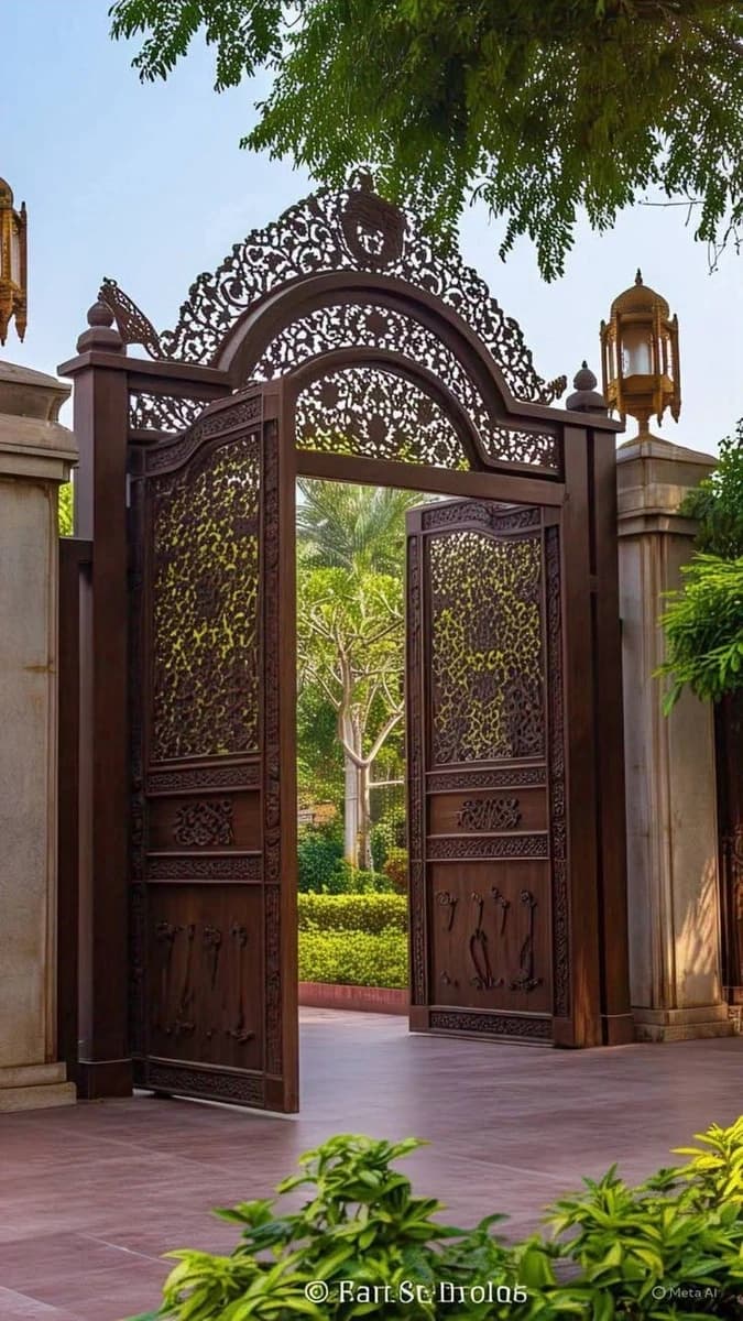 Dark wood-carved double gate, which is opened inwards