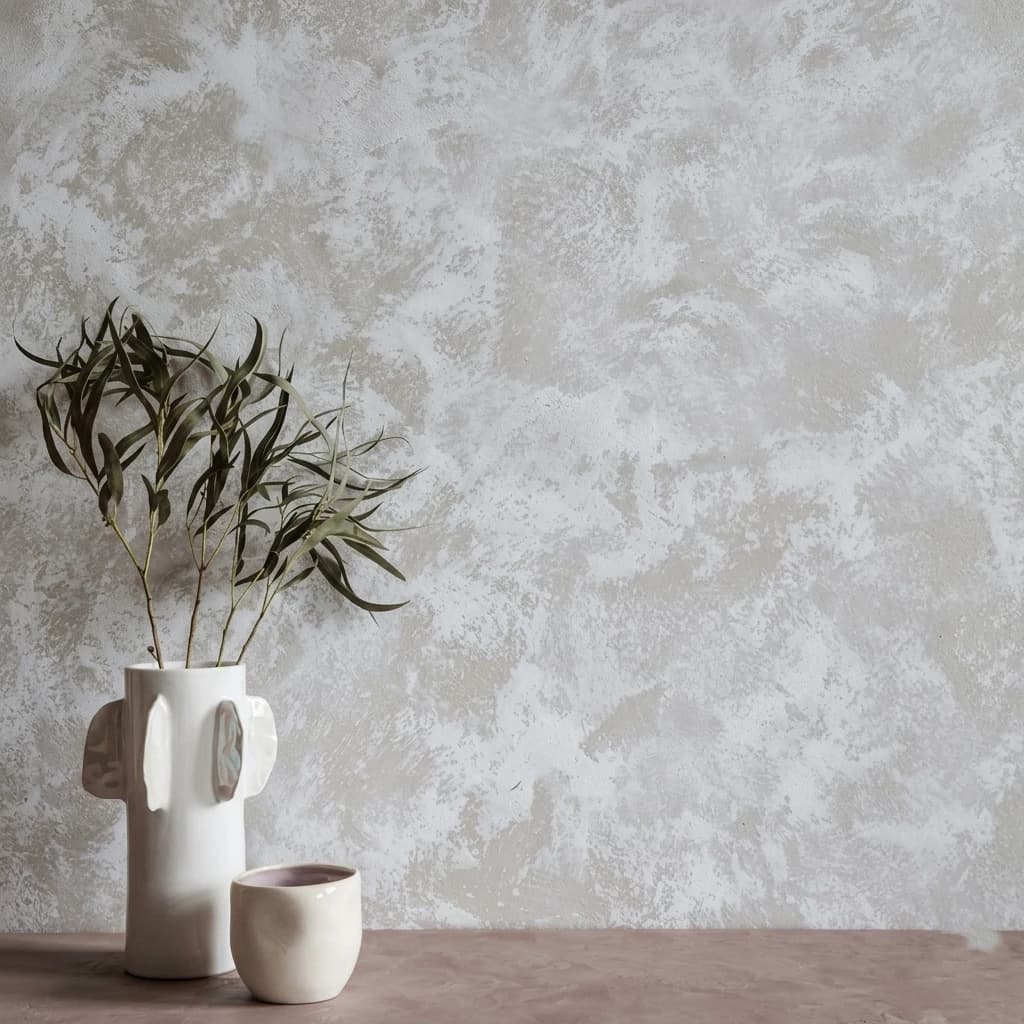 Lime-washed wall in shades of warm grey and off-white