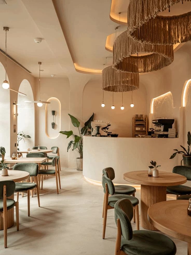 Minimalist warm organic cafe interior