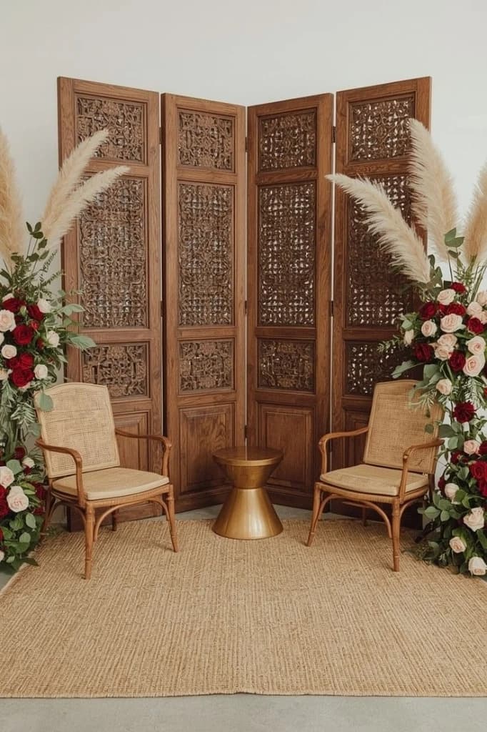 Wooden folding panels with flower vase