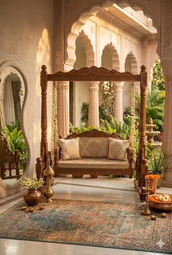 Scalloped arches with carved wooden swing