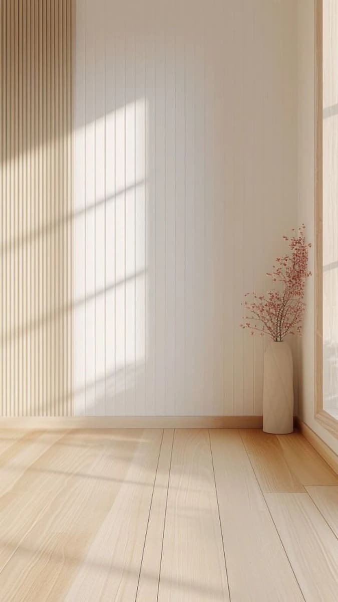 Sunlit wooden minimal room (panel wall + vase)