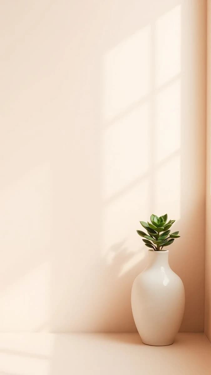 Beige wall soft light (vase + plant close-up)