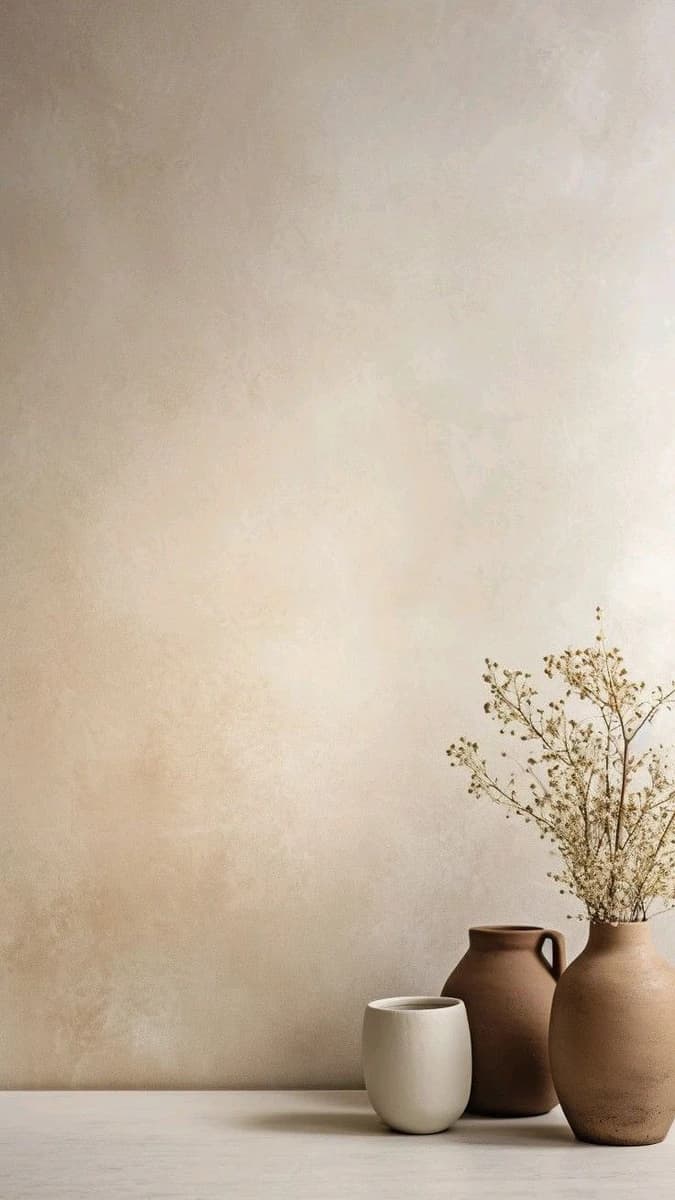 A minimalist aesthetic still-life scene featuring a warm beige textured plaster wall with soft tonal variations and a matte finish