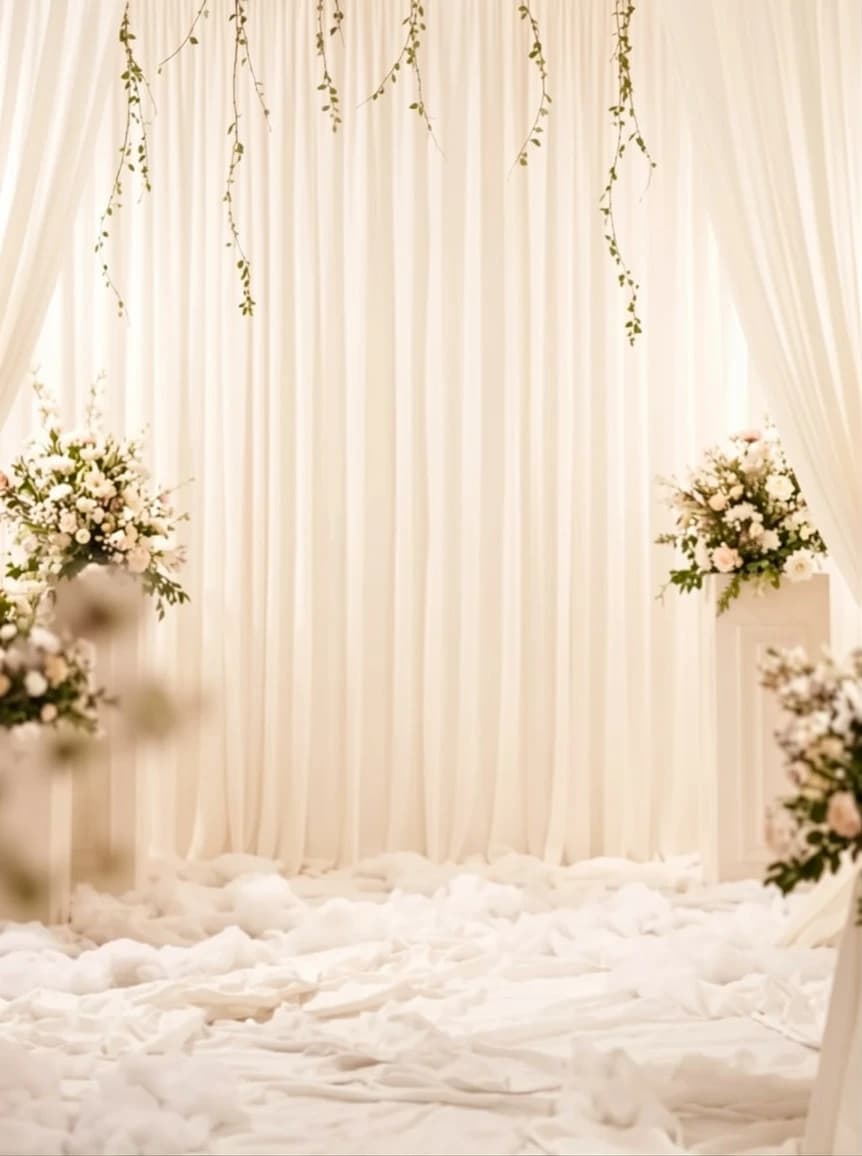 Ivory curtains with hanging green leaves