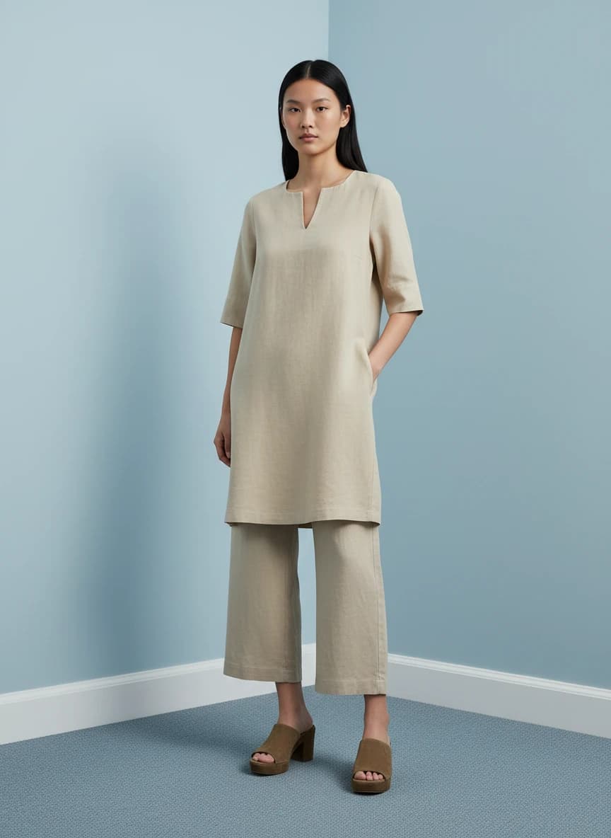 A model standing in a beige linen tunic and matching cropped trousers against a blue wall.