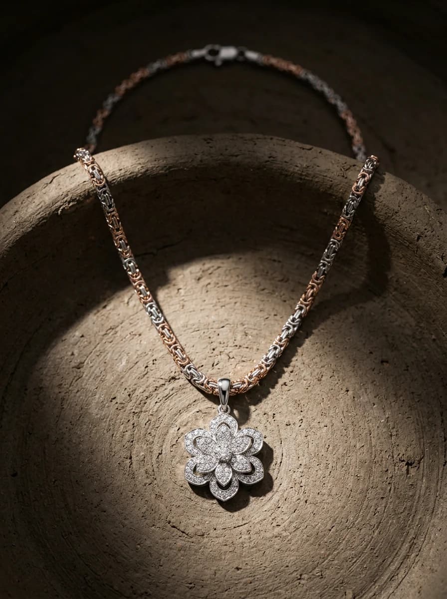 Two-tone woven chain necklace with a pave diamond flower pendant resting inside a textured brown bowl.