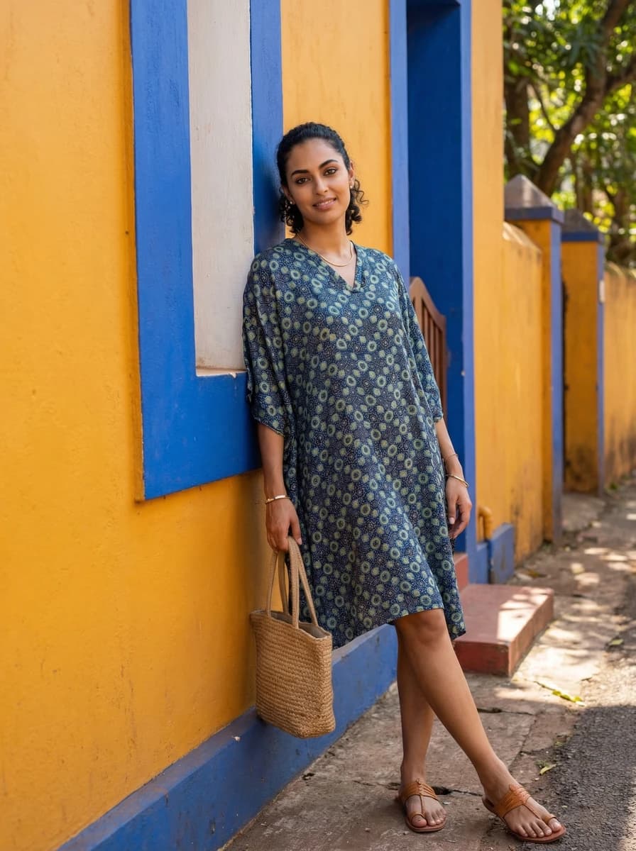 Woman wearing a patterned blue V-neck dress leaning against a yellow and blue wall holding a woven bag.