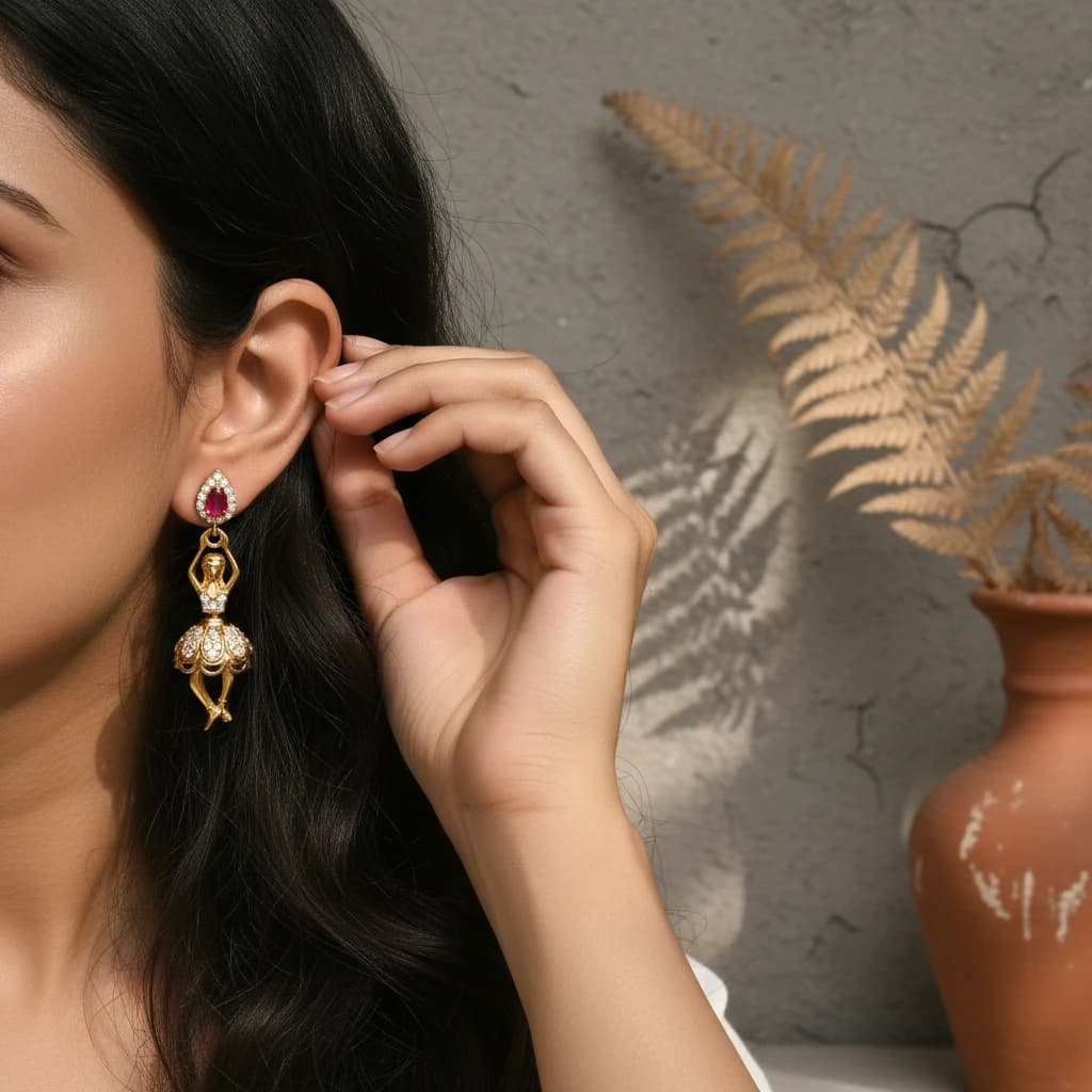 Studio AI photoshoot on a model of gold dangle earrings, for an earrings brand selling on marketplaces