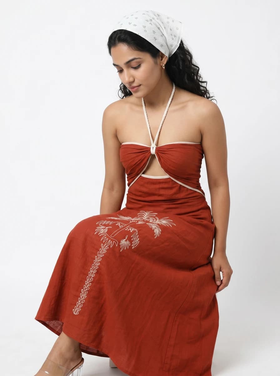 Model sitting in a rust-orange halter neck midi dress with white embroidery and a white headscarf.
