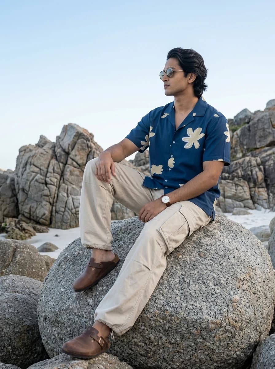 A man wearing a blue floral short-sleeve shirt and beige cargo pants sits on a boulder by the coast.