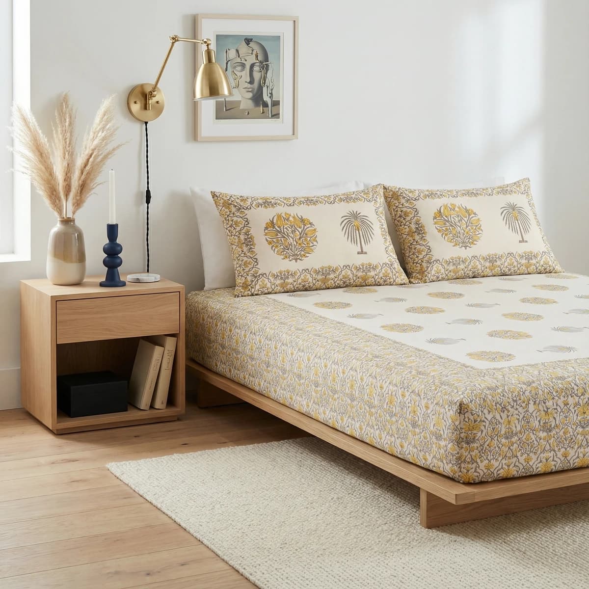 Indoor AI photoshoot of printed bed sheets on a styled bed, for a bed sheets brand selling on marketplaces