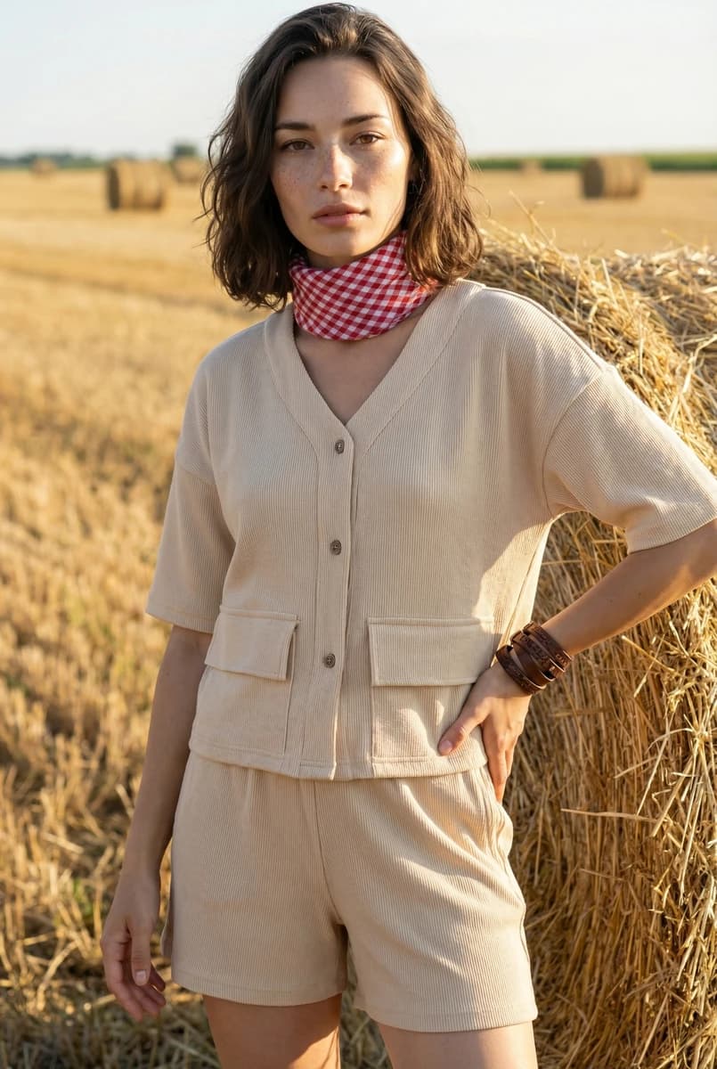 Woman wearing a beige ribbed button-up top and shorts standing near hay bales.