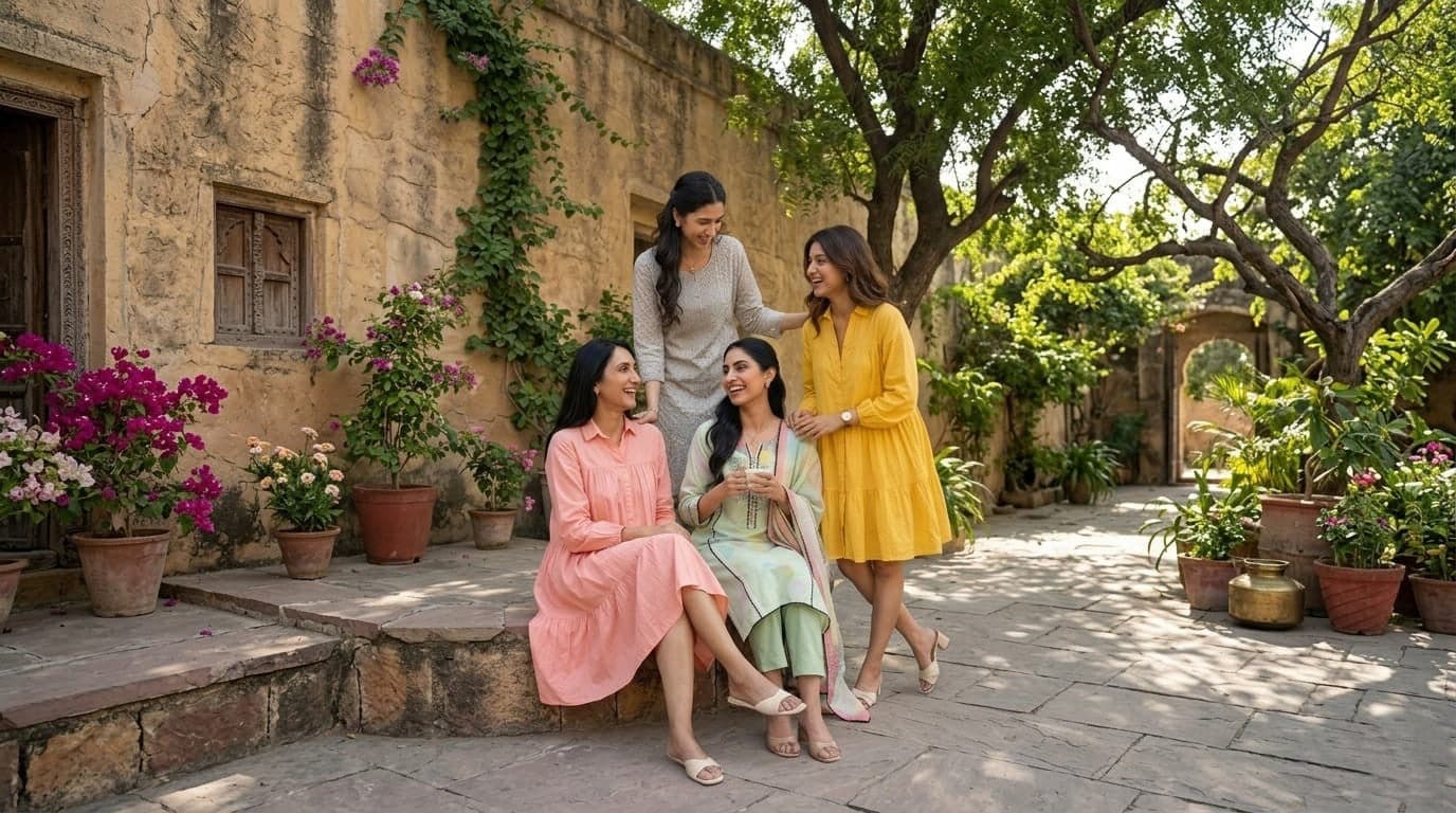 Women wearing pastel and yellow outfits in a sunlit courtyard campaign banner.